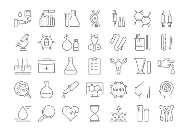 Vektör düz çizgi simgeler tıbbi laboratuar ayarla