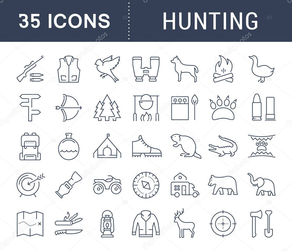 Set vector line icons, sign and symbols in flat design hunting with elements for mobile concepts and web apps. Collection modern infographic logo and pictogram.