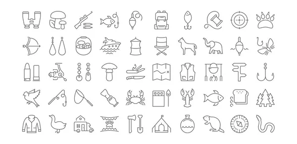 Mantar, balıkçılık ve avcılık vektör düz çizgi Icons set — Stok Vektör