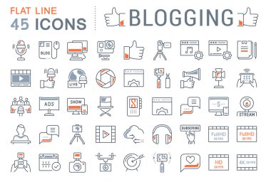 Vektör düz çizgi simgeler bloglama ayarla