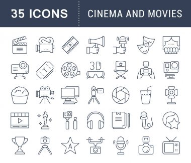 Set vektör düz çizgi simgeler sinema ve filmler