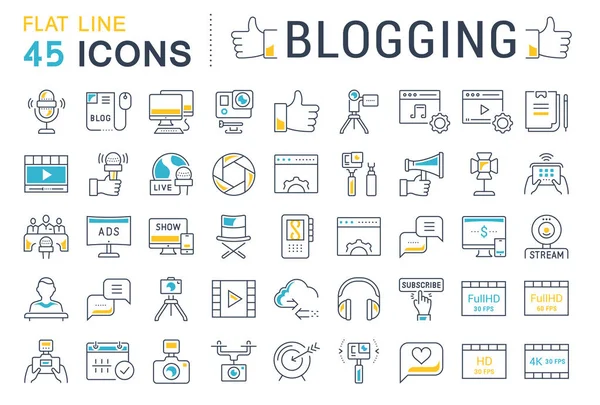 Set Vector Flat Line Icons Blogging — Stock Vector