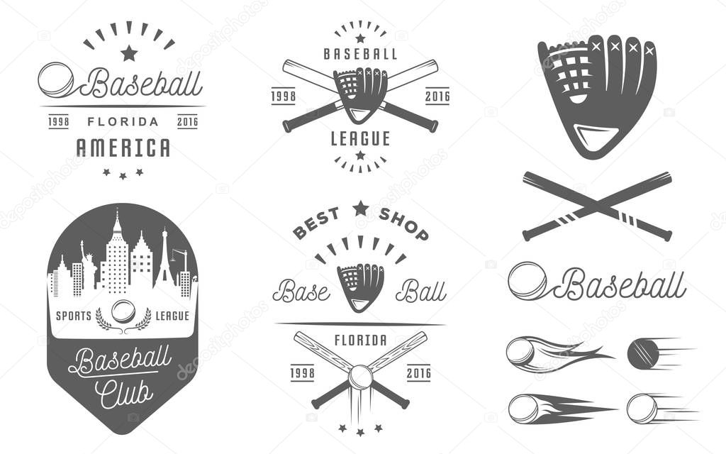 Set of black and white baseball labels, logos, sign, badges and outfit. Collection baseball club emblem and design elements. Baseball tournament professional and sports graphic.