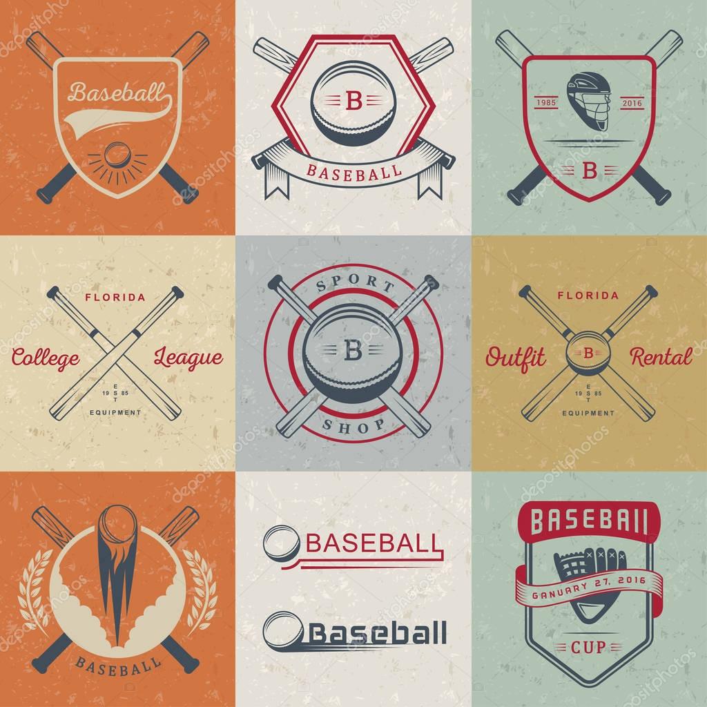 Set of black and white baseball labels, logos, sign, badges and outfit. Collection baseball club emblem and design elements. Baseball tournament professional and sports graphic.