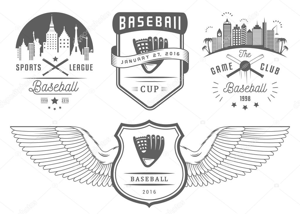Set of black and white baseball labels, logos, sign, badges and outfit. Collection baseball club emblem and design elements. Baseball tournament professional and sports graphic.