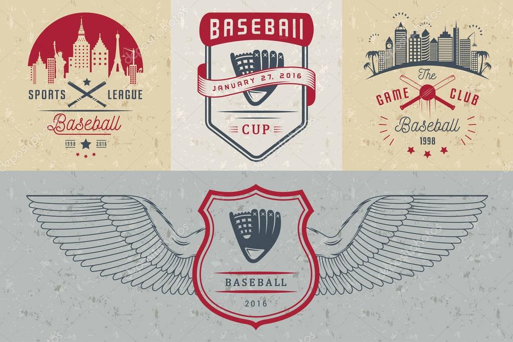 Set of black and white baseball labels, logos, sign, badges and outfit. Collection baseball club emblem and design elements. Baseball tournament professional and sports graphic.