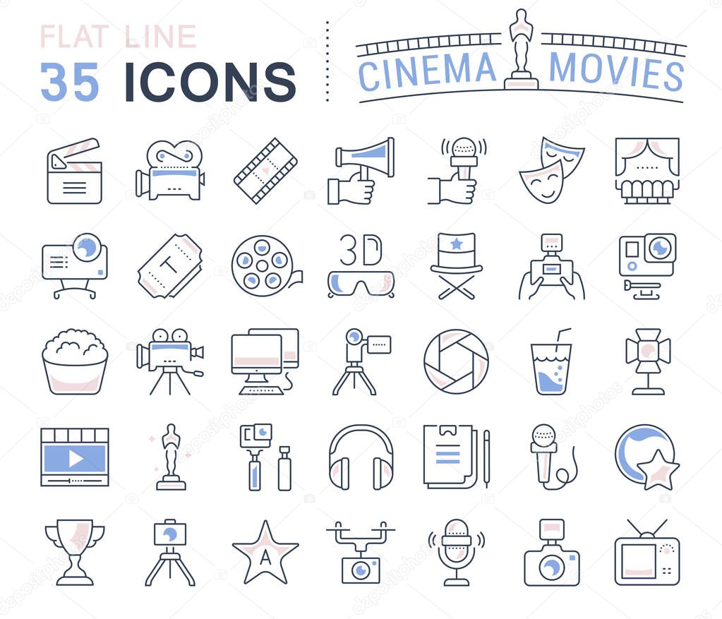 Set Vector Flat Line Icons Cinema and Movies