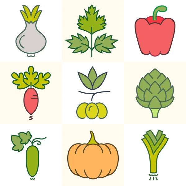 Vegetables and Greens, Set of Vector Illustrations — Stock Vector