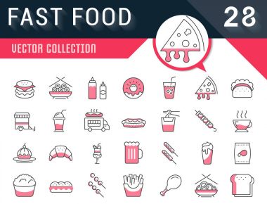 Vektör düz çizgi simgeler Fast Food ayarla