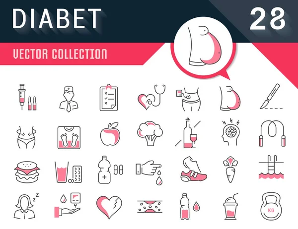 Set Vector Flat Line Icons Diabet — Stock Vector