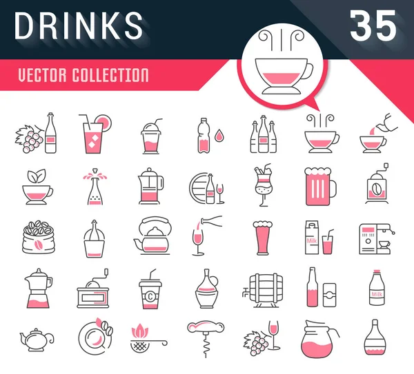Set Vector Línea Plana Iconos Bebidas y Alcohol — Archivo Imágenes Vectoriales