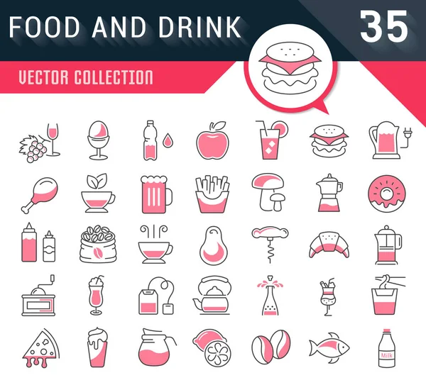 Set Vector Línea Plana Iconos Bebidas y Alimentos — Archivo Imágenes Vectoriales