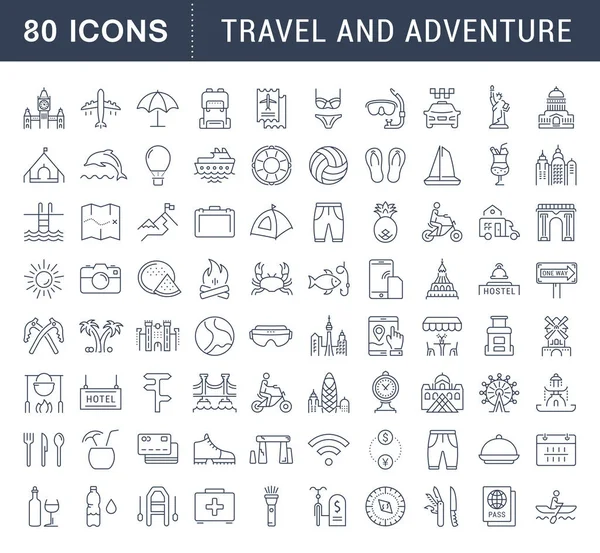 Set Vector Línea Plana Iconos Viajes y Aventura — Vector de stock