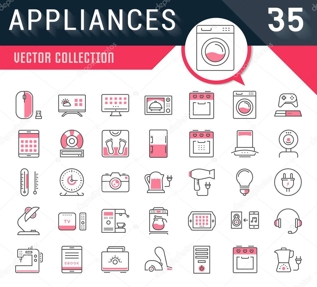 Set vector line icons in flat design appliance, smart devices and gadgets, modern web icons and symbols with elements for mobile concepts and web apps. Collection modern infographic logo and pictogram