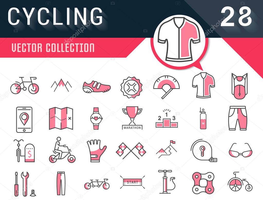 Set vector line icons in flat design cycling, bike elements and parts, bicycle sport with elements for mobile concepts and web apps. Collection modern infographic logo and pictogram.