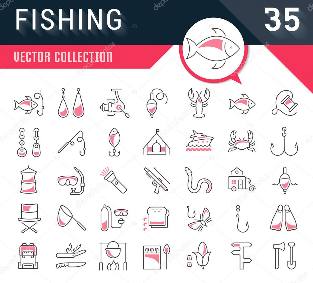 Set vector line icons, sign and symbols in flat design fishing with elements for mobile concepts and web apps. Collection modern infographic logo and pictogram.