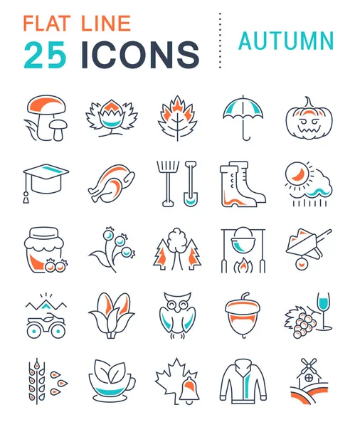 Set de iconos de línea plana vectorial otoño — Vector de stock