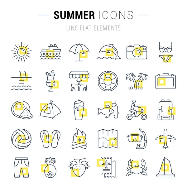 Definir vetor linha plana ícones de verão — Vetor de Stock