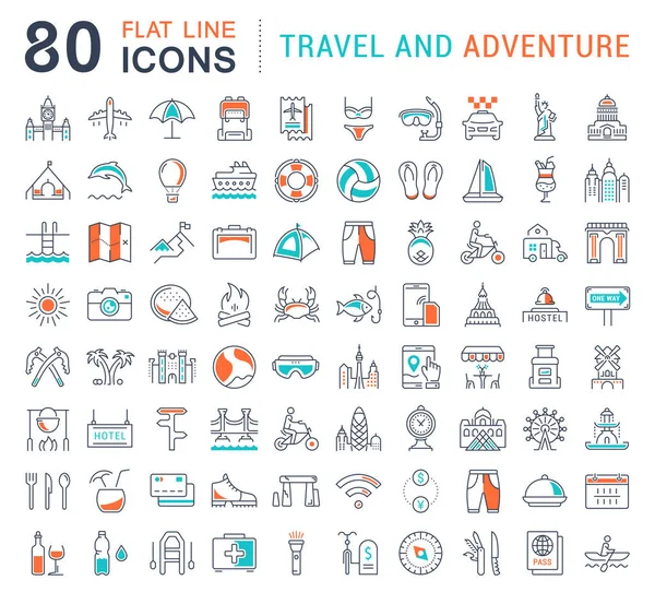 Set Vector Línea Plana Iconos Viajes y Aventura — Archivo Imágenes Vectoriales