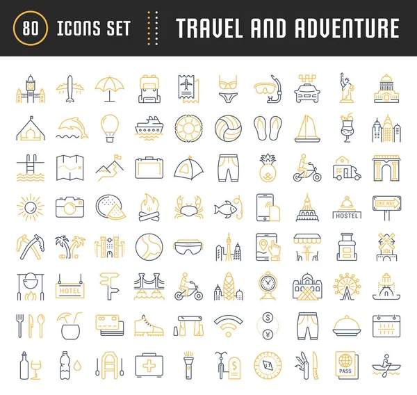 Set Vector Línea Plana Iconos Viajes y Aventura — Archivo Imágenes Vectoriales