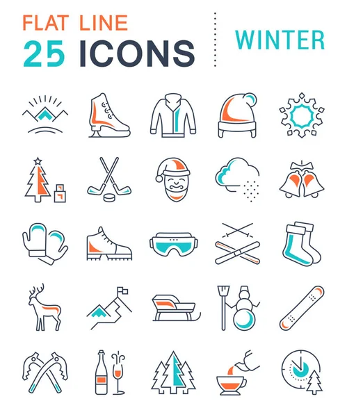 Set icone della linea piana vettoriale inverno — Vettoriale Stock