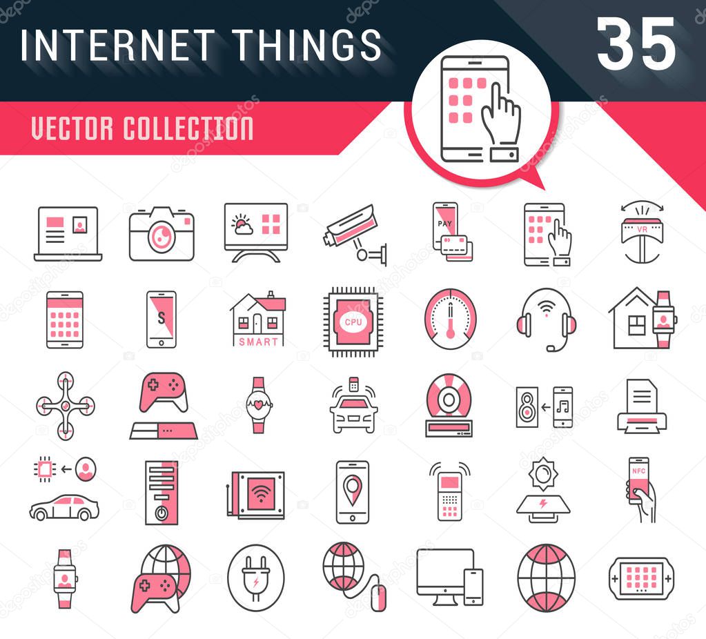 Set vector line icons in flat design internet of things and smart gadgets with elements for mobile concepts and web apps. Collection modern infographic logo and pictogram.