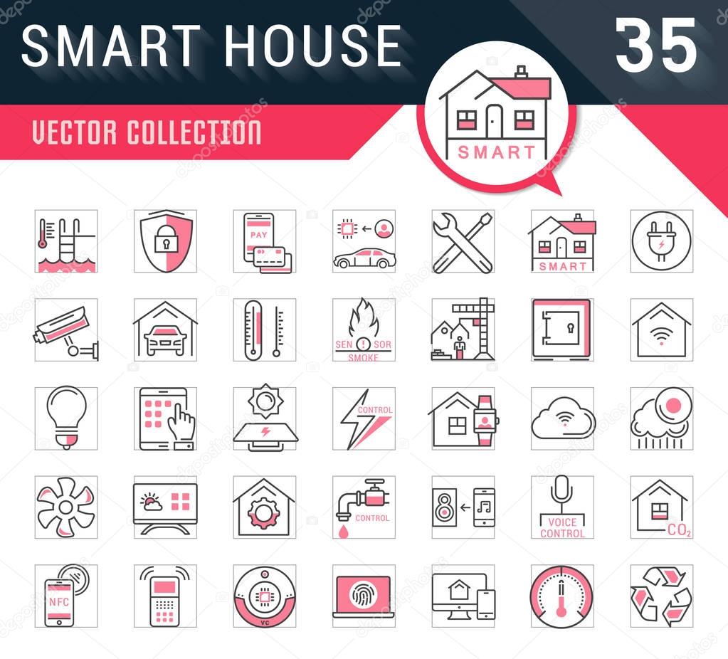 Set vector line icons in flat design smart home, smart systems and technology with elements for mobile concepts and web apps. Collection modern infographic logo and pictogram.