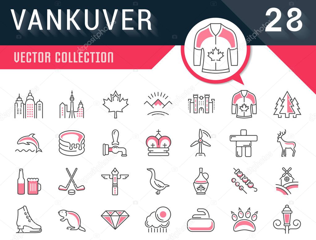 Set vector line icons in flat design Vancouver and Canada with elements for mobile concepts and web apps. Collection modern infographic logo and pictogram.