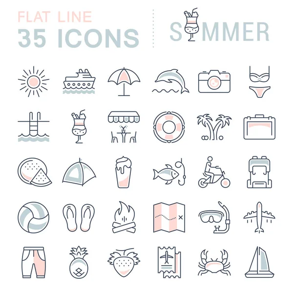 Set Vector Flat Line Iconos Verano — Vector de stock