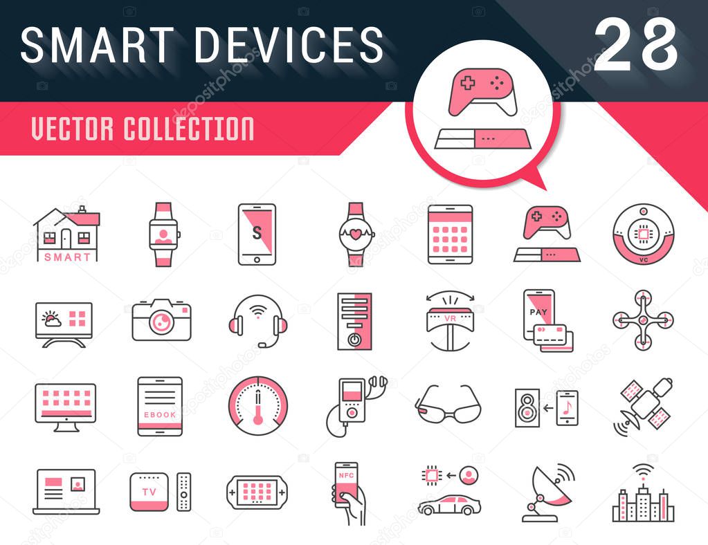 Set vector line icons with open path smart device and gadgets, smart, home, car drones and other device with elements for mobile concepts and web apps. Collection modern infographic logo and pictogram