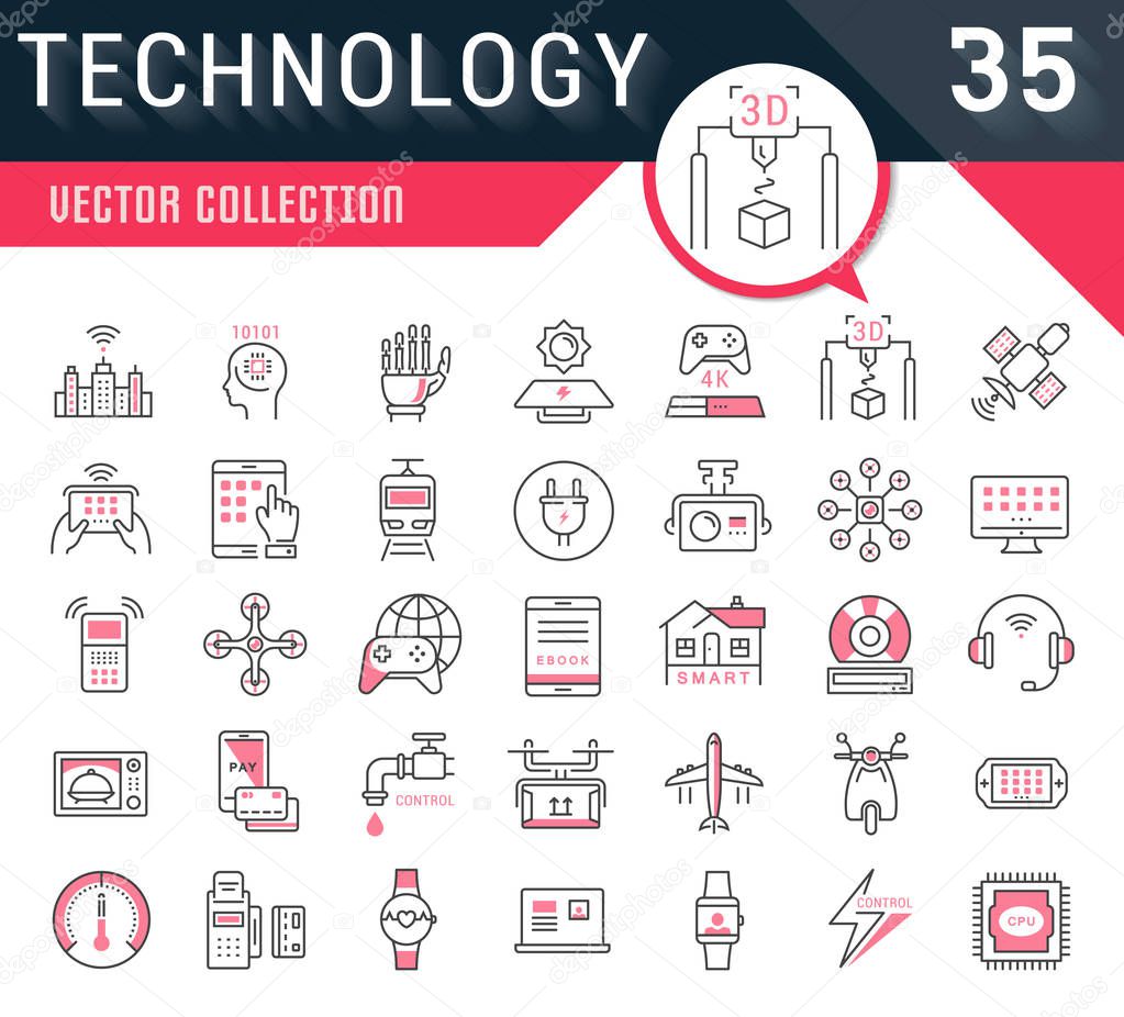 Set Vector Flat Line Icons Technology