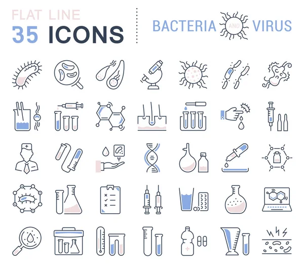 Impostare le icone della linea piatta vettoriale batteri e virus — Vettoriale Stock