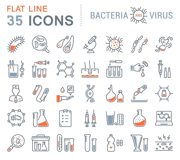 Набор векторной плоской линии икон Бактерии и вируса — стоковый вектор