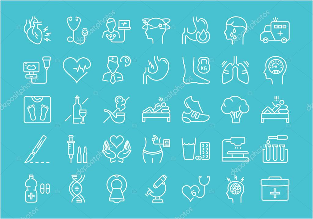 Set vector line icons, sign and symbols in flat design heart attack with elements for mobile concepts and web apps. Collection modern infographic logo and pictogram.