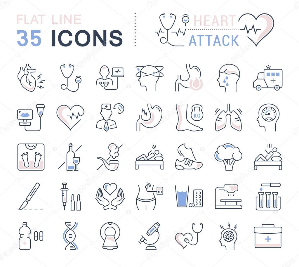 Set vector line icons, sign and symbols in flat design heart attack with elements for mobile concepts and web apps. Collection modern infographic logo and pictogram.