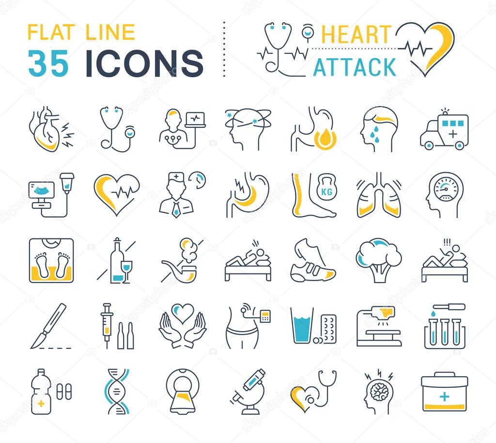 Set vector line icons, sign and symbols in flat design heart attack with elements for mobile concepts and web apps. Collection modern infographic logo and pictogram.