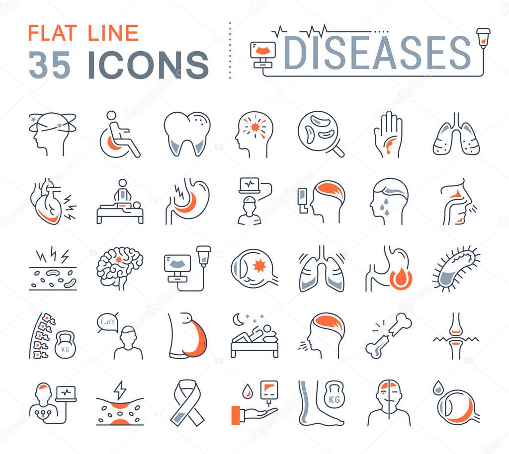 Set vector line icons, sign and symbols in flat design of diseases and ill with elements for mobile concepts and web apps. Collection modern infographic logo and pictogram.