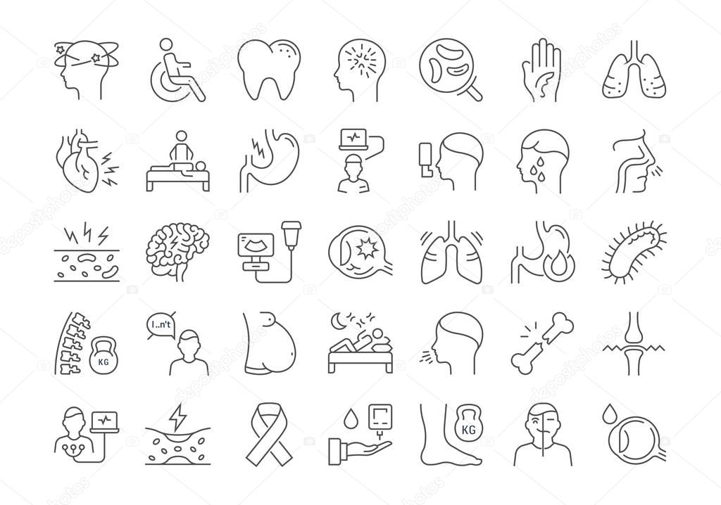 Set vector line icons, sign and symbols in flat design of diseases and ill with elements for mobile concepts and web apps. Collection modern infographic logo and pictogram.