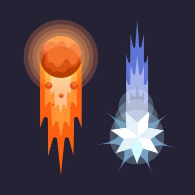 Kuyruklu yıldızlar koyu arka plan üzerinde çizgi film tarzı