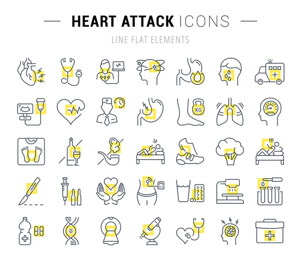 Set Vector Flat Line Icons Heart Attack — Stock Vector