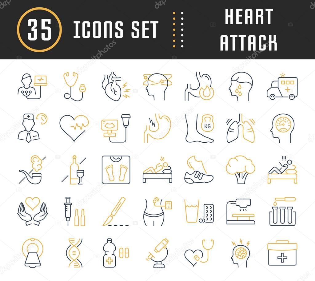 Set vector line icons, sign and symbols in flat design heart attack with elements for mobile concepts and web apps. Collection modern infographic logo and pictogram.