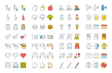 Vektör düz çizgi simgeler Diabet ayarla