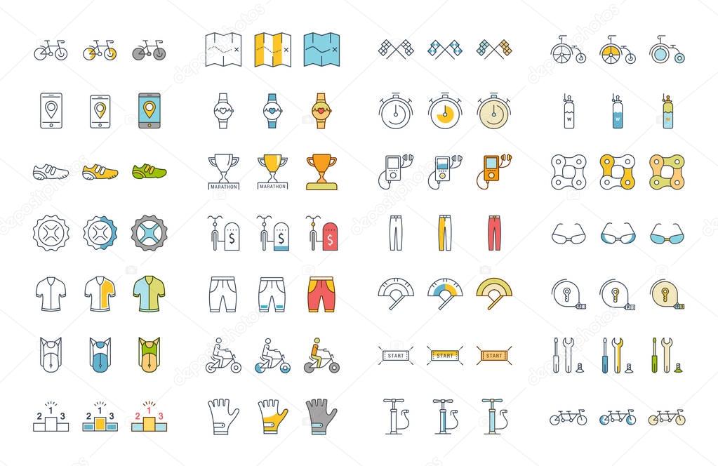 Set of vector line and color icons in flat design cycling, bike elements and parts, bicycle sport with elements for mobile concepts and web apps. Collection modern infographic logo and pictogram.