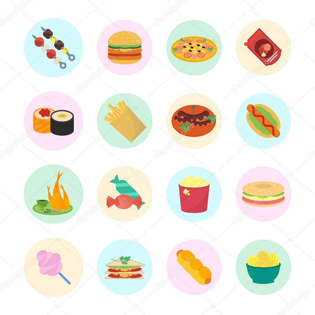 Set vector illustration of fast food. Flat elements with color round backdrops on white background.
