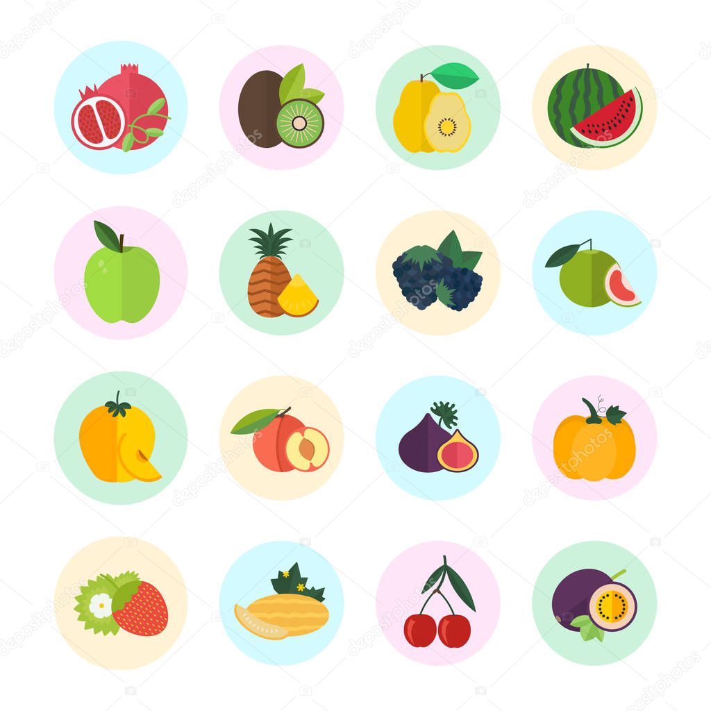 Set vector illustration of fruits. Flat elements with color round backdrops on white background