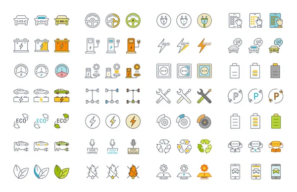 Set Vector Línea Plana Iconos Coches Eléctricos — Archivo Imágenes Vectoriales