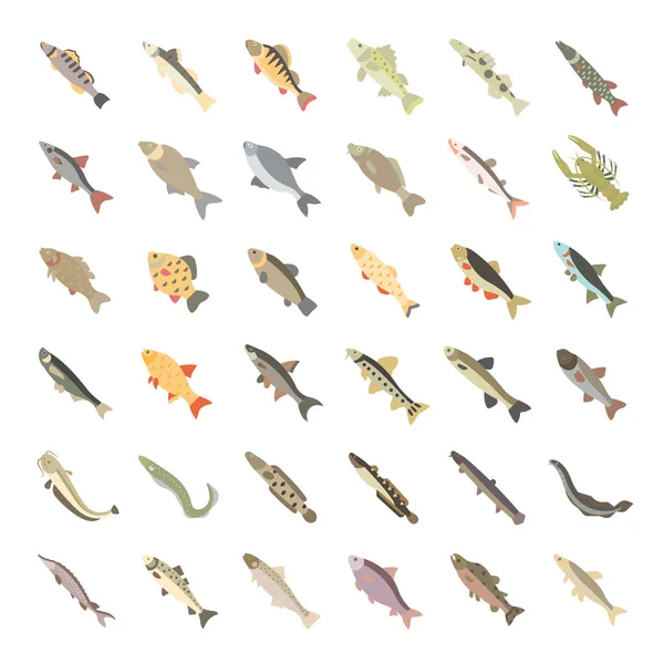 Set vetor ícones planos de peixes de água doce — Vetor de Stock