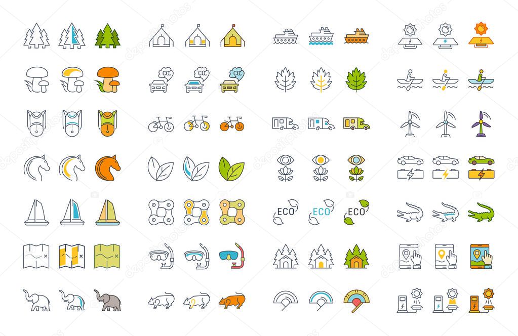 Set vector line icons in flat design eco, ecotourism and recycle with elements for mobile concepts and web apps. Collection modern infographic logo and pictogram.