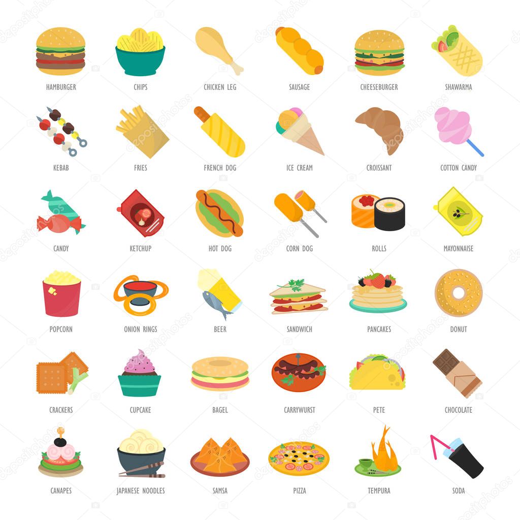 Set vector illustration of fast food. Flat elements on white background