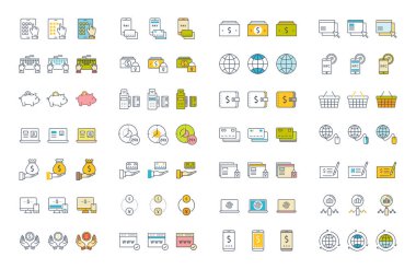 Vektör düz çizgi simgeleri Online ödeme ayarla